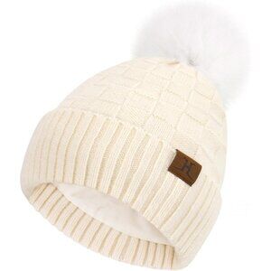 Womens Winter Knit Beanie Hat Fleece Lined Plaid Pompom Warm Cap Cold Weather